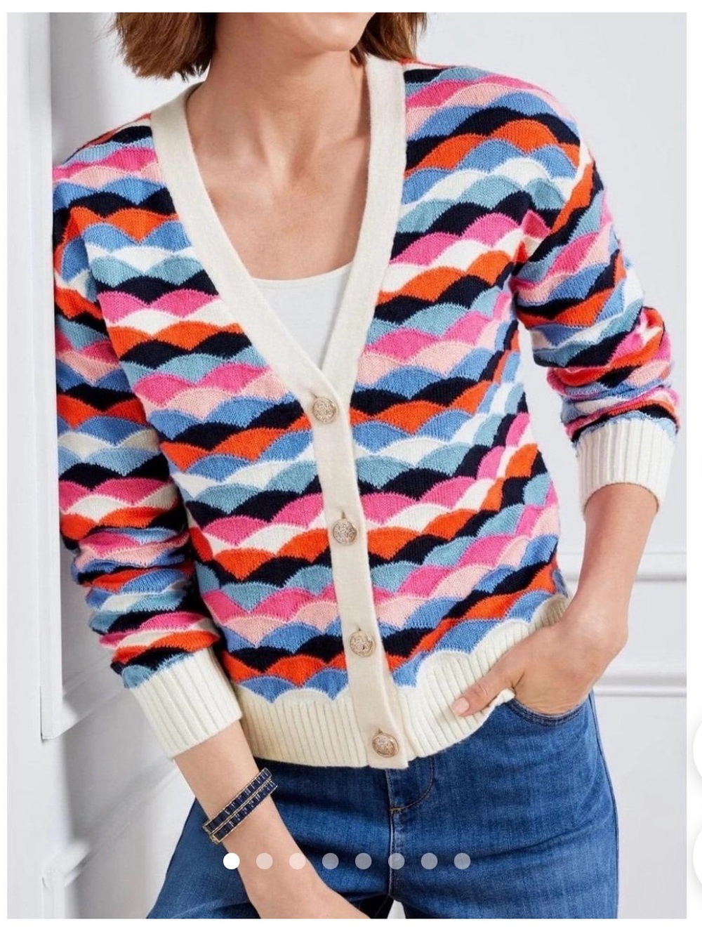 Talbots Multicolor Wave V-Neck Cardigan - Pink, Orange, Blue, Navy, Black, Cream